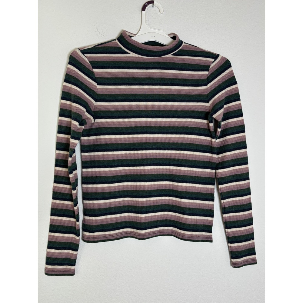 American Eagle Mock Neck Striped‎ Long Sleeve Top Green Purple Ribbed Small
